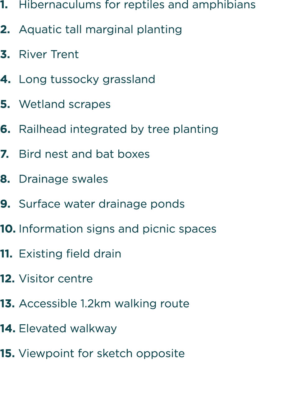 1  Hibernaculums for reptiles and amphibians 2  Aquatic tall marginal planting 3  River Trent 4  Long tussocky grassl   